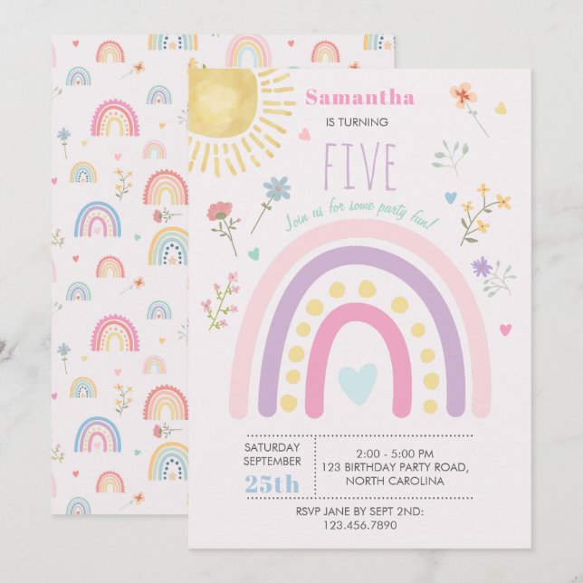Pastel Rainbows Girly Wildflowers Hearts Birthday Invitation (Front/Back)