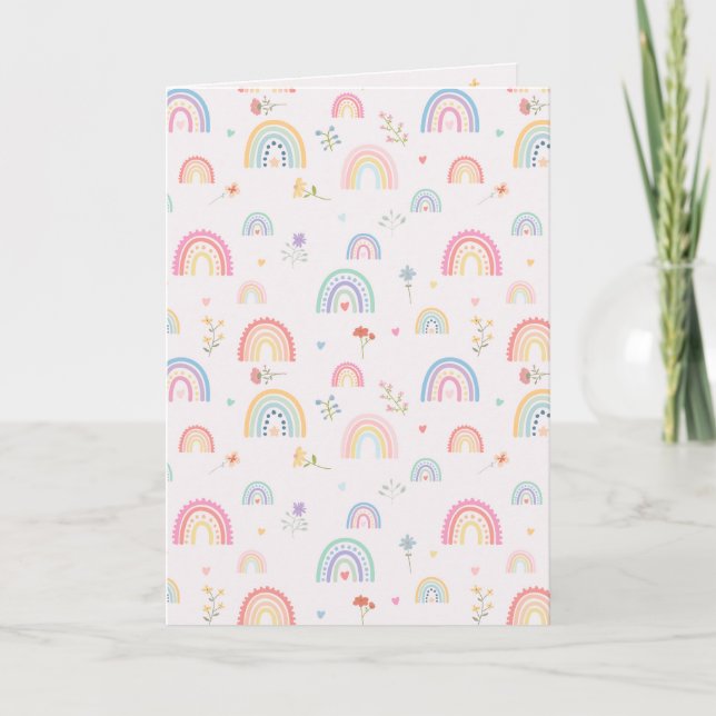 Pastel Rainbows Girly Wildflowers & Hearts Card (Front)