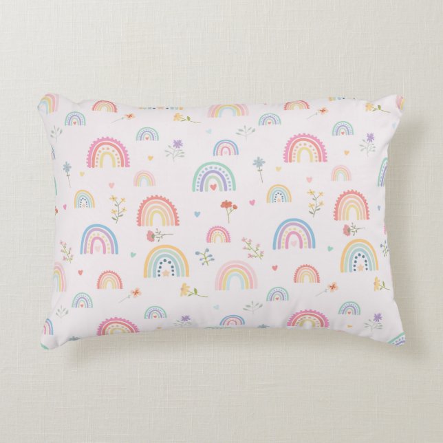 Pastel Rainbows Girly Wildflowers & Hearts Decorative Cushion (Front)