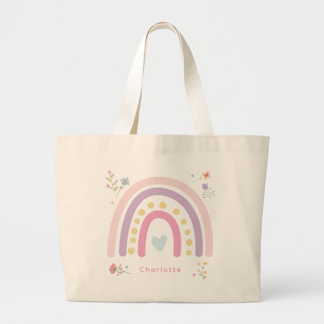 Pastel Rainbows Girly Wildflowers & Hearts Large Tote Bag (Front)