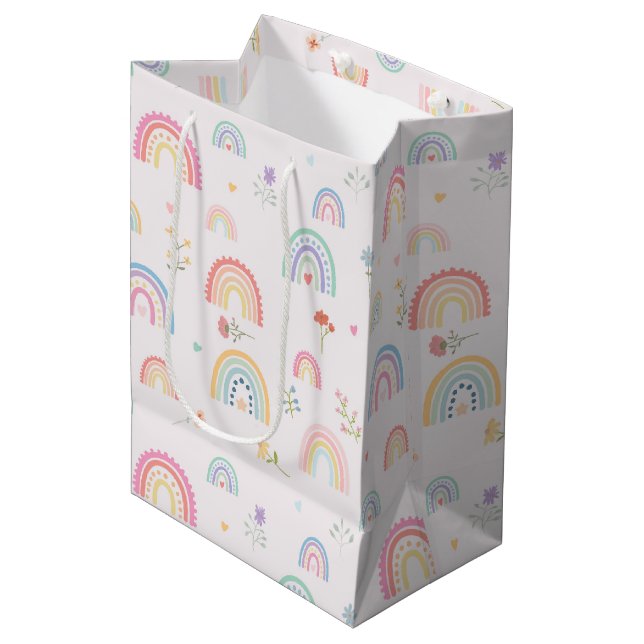 Pastel Rainbows Girly Wildflowers & Hearts Medium Gift Bag (Front Angled)