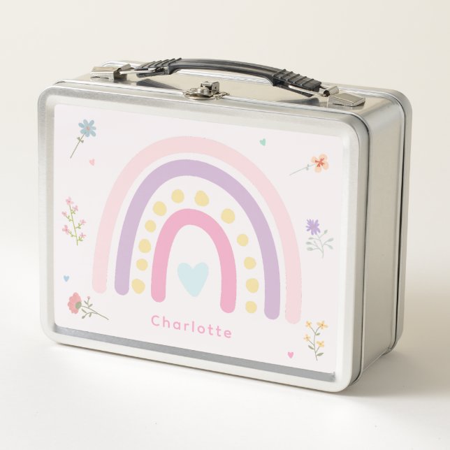 Pastel Rainbows Girly Wildflowers & Hearts Metal Lunch Box (Front)