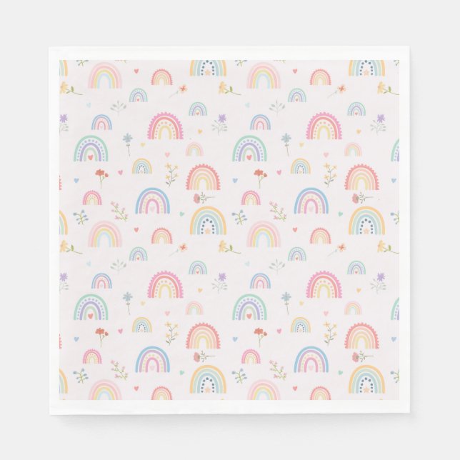 Pastel Rainbows Girly Wildflowers & Hearts Napkin (Front)