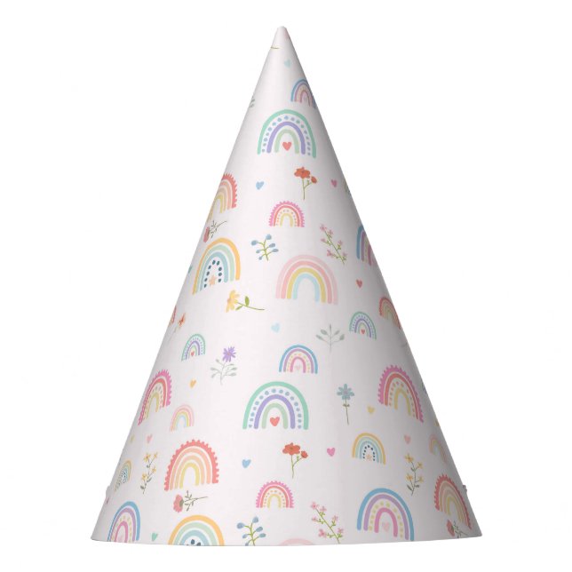 Pastel Rainbows Girly Wildflowers & Hearts Party Hat (Front)