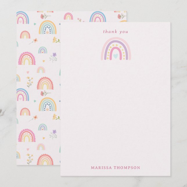 Pastel Rainbows Girly Wildflowers & Hearts Thank You Card (Front/Back)