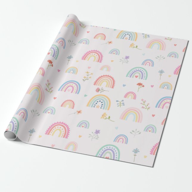 Pastel Rainbows Girly Wildflowers & Hearts Wrapping Paper (Unrolled)