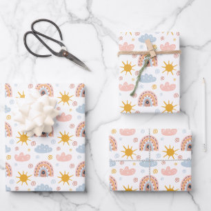 Pastel Rainbows & Sunburst Swirls Pattern Wrapping Paper Sheet