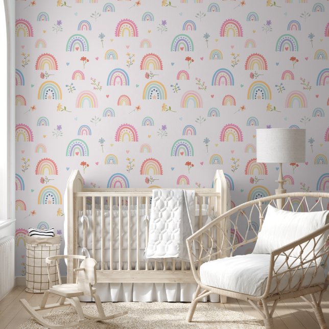 Pastel Rainbows Wildflowers Hearts Girly Nursery Wallpaper (Kids)
