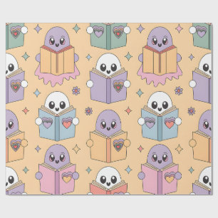 Pastel Reading Retro Ghosts Kawaii Book Lover Wrapping Paper