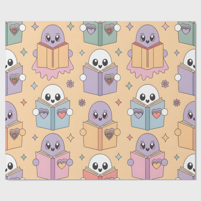Pastel Reading Retro Ghosts Kawaii Book Lover Wrapping Paper (Flat)