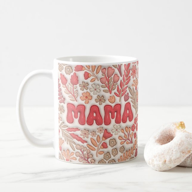 Pastel Red and Peach Floral Pattern Mama Coffee Mug (With Donut)