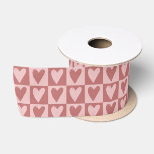 Pastel Red and Pink Chequered Hearts Pattern Satin Ribbon