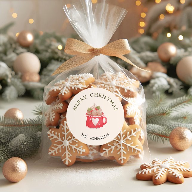 Pastel Red Cocoa Mug Merry Christmas Classic Round Sticker (Creator Uploaded)