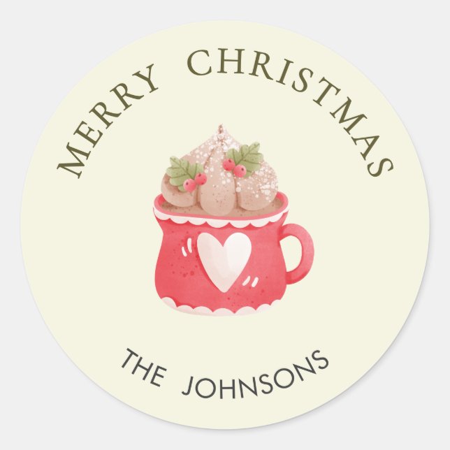 Pastel Red Cocoa Mug Merry Christmas Classic Round Sticker (Front)
