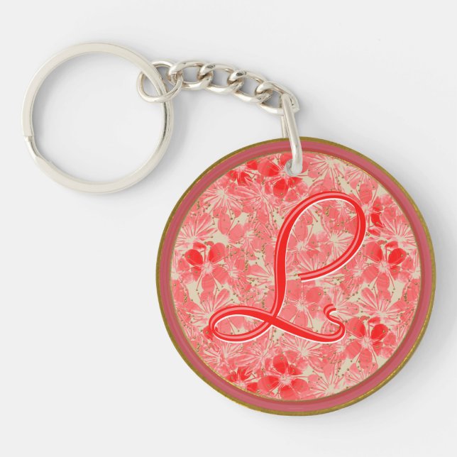 Pastel Red Flower Blossoms on Cream - Monogrammed Key Ring (Front)