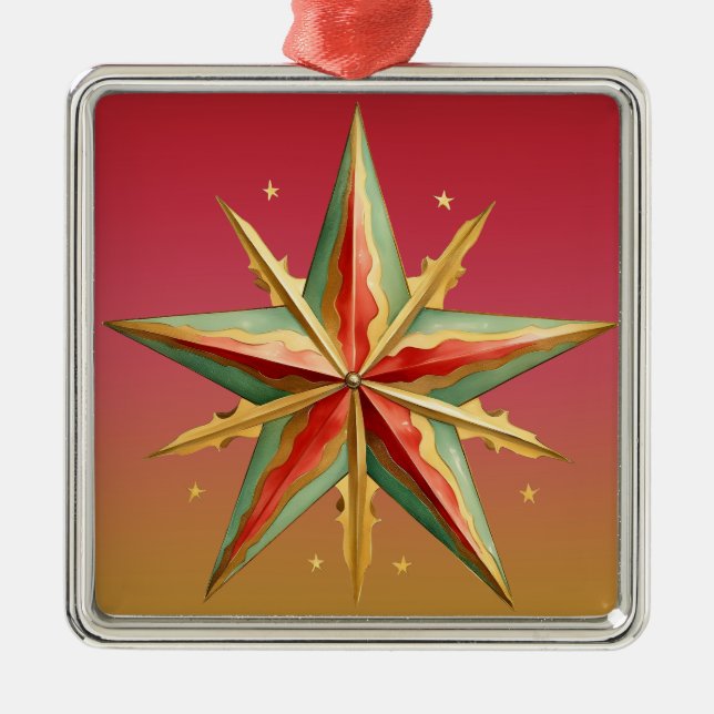 PASTEL RED GREEN GOLD POINTED CHRISTMAS STAR METAL TREE DECORATION (Front)