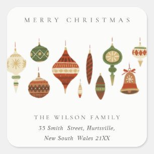 PASTEL RED GREEN STAR CHIRSTMAS ORNAMENTS ADDRESS SQUARE STICKER