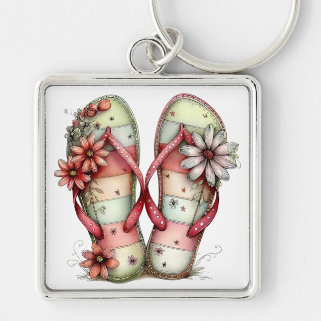 PASTEL RED & GREEN SUMMER FLIP FLOPS KEY RING (Front)