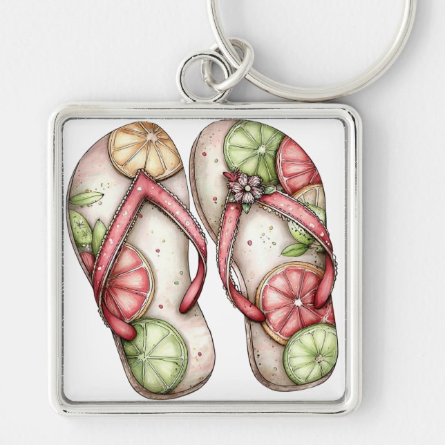 PASTEL RED & GREEN SUMMER FLIP FLOPS KEY RING (Front)