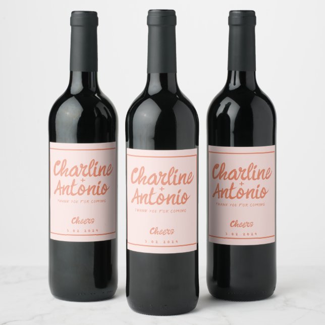 Pastel Red pink Handwriting Retro Wedding  Wine Label (Bottles)