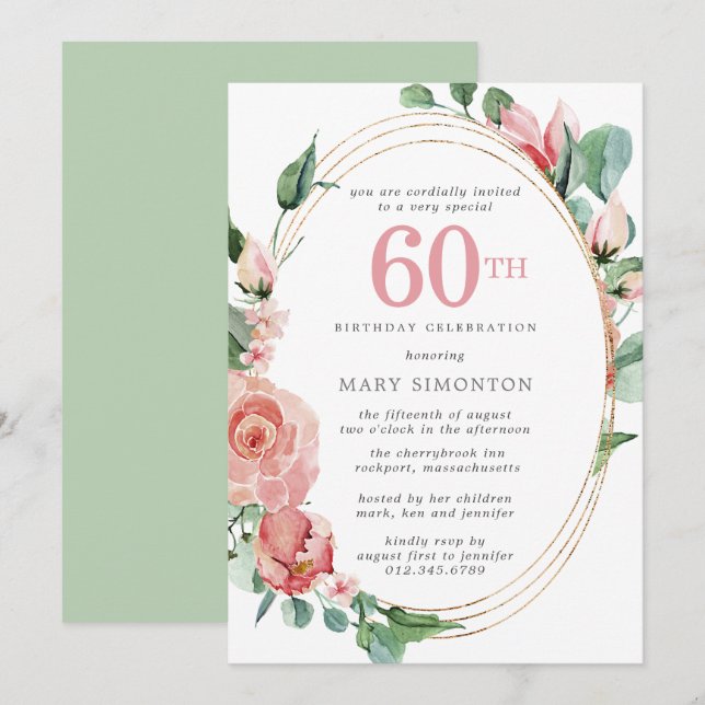 Pastel Red Rose Floral 60th Birthday Party Invitation (Front/Back)