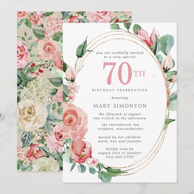 Pastel Red Rose Floral 70th Birthday Party Invitation (Front/Back)