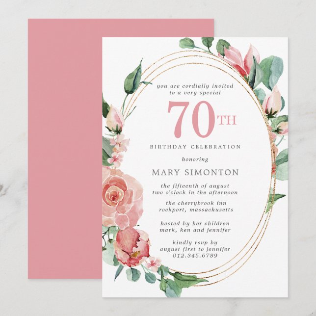 Pastel Red Rose Floral 70th Birthday Party Invitation (Front/Back)