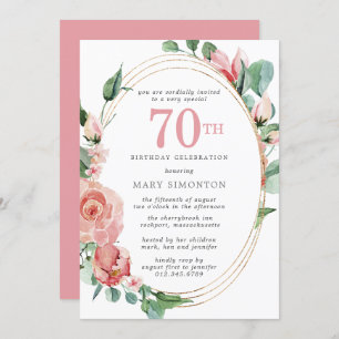 Pastel Red Rose Floral 70th Birthday Party Invitation