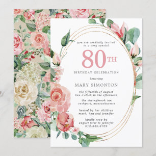 Pastel Red Rose Floral 80th Birthday Party Invitation