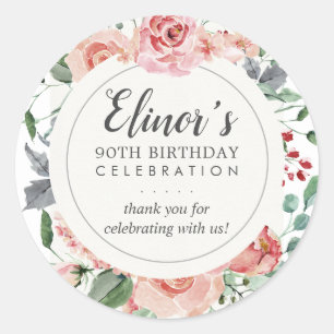 Pastel Red Rose Floral 90th Birthday Thank You Classic Round Sticker