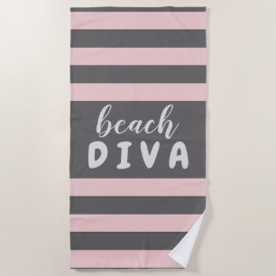 Pastel Red Stripes with Custom Text Beach DIVA Beach Towel