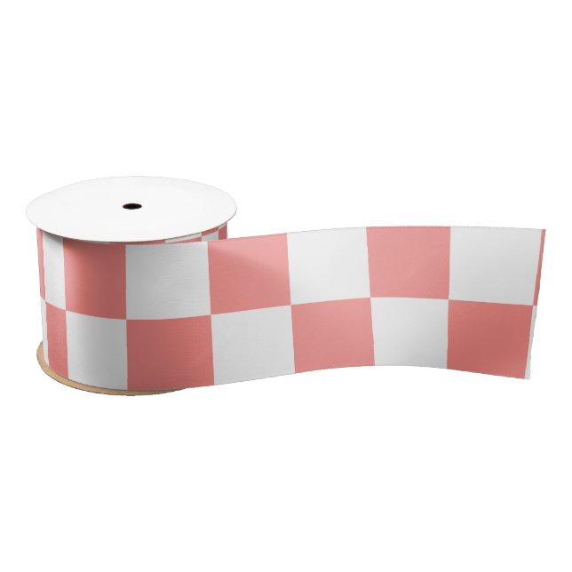 Pastel Red White Chequered Chequerboard Vintage Satin Ribbon (Spool)