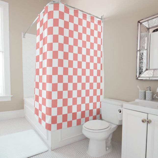 Pastel Red White Chequered Chequerboard Vintage Shower Curtain (In Situ)