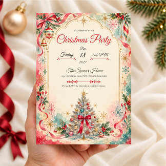Pastel Retro Christmas Tree Party Invitation
