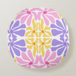 Pastel Retro Floral - Vibrant Kaleidoscope Pattern Round Cushion