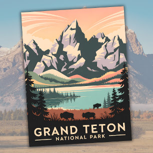 Pastel Retro Grand Teton National Park with Bison Postcard