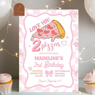 Pastel Retro Love You Two Pizza party Invitation