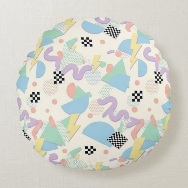 Pastel Retro Memphis Pattern Swirls Round Cushion (Front)