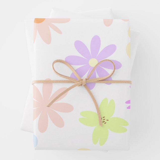 Pastel Retro Mod Flowers, 80s, 90s Style Wrapping Paper Sheet (In situ)