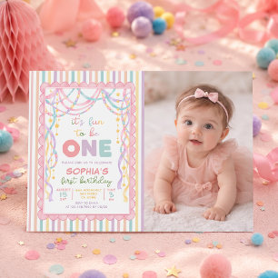 Pastel Retro Paper Chains Girl 1st Birthday Photo Invitation