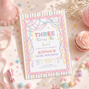 Pastel Retro Paper Chains Girl 3rd Birthday Invitation