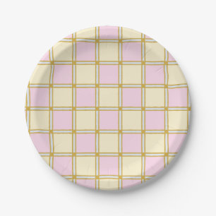Pastel Retro Pink, Blue and Yellow Checkers Paper Plate
