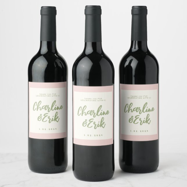 Pastel Retro Pinky Handwriting wedding  Wine Label (Bottles)