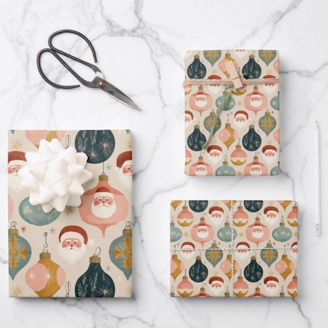 Pastel Retro Santa Wrapping Paper (Front)