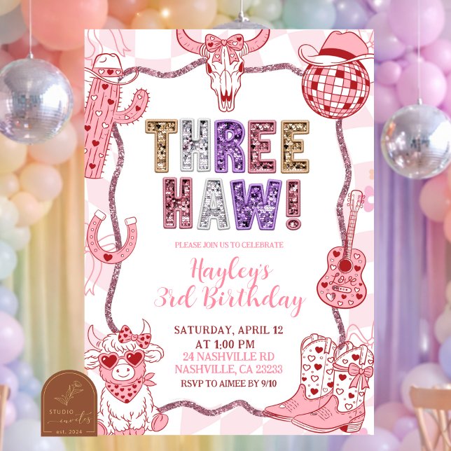 Pastel Retro Sequins Cowgirl 3rd Birthday party Invitation (Creator Uploaded)