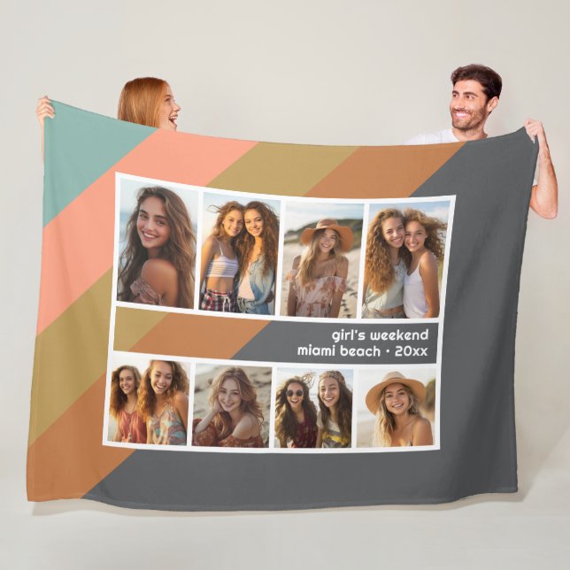 Pastel Retro Stripe 8 Photo Collage Girls Weekend Fleece Blanket (In Situ)