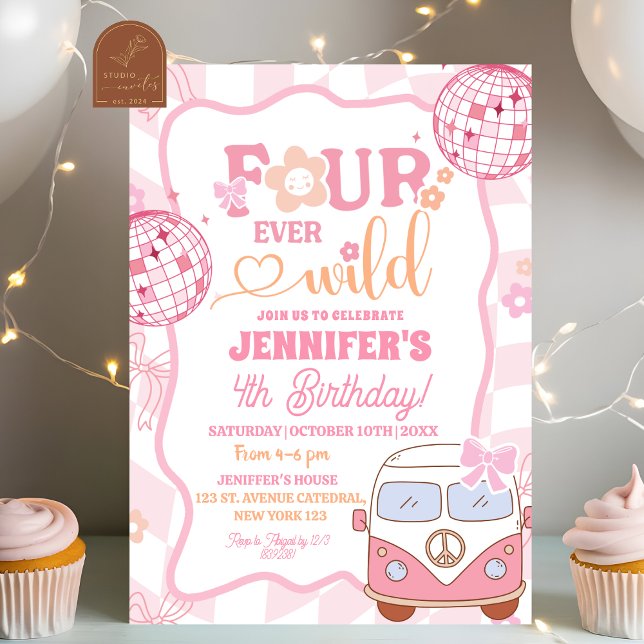  Pastel Retro Van Fourever Wild Groovy Birthday Invitation (Creator Uploaded)