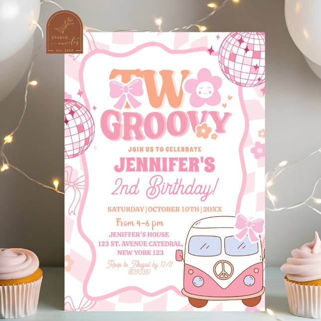 Pastel Retro Van Two Groovy 2nd Birthday Party Invitation (Creator Uploaded)
