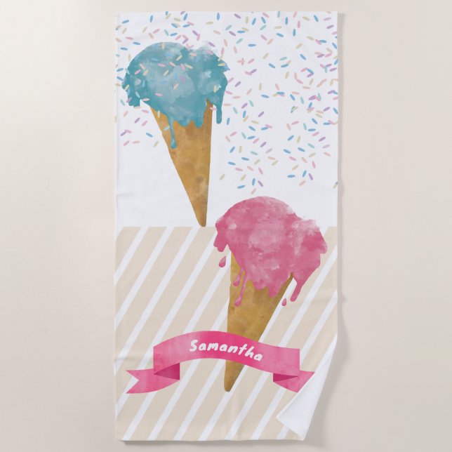 Pastel Retro Watercolor Ice Cream & Sprinkles  Beach Towel (Front)