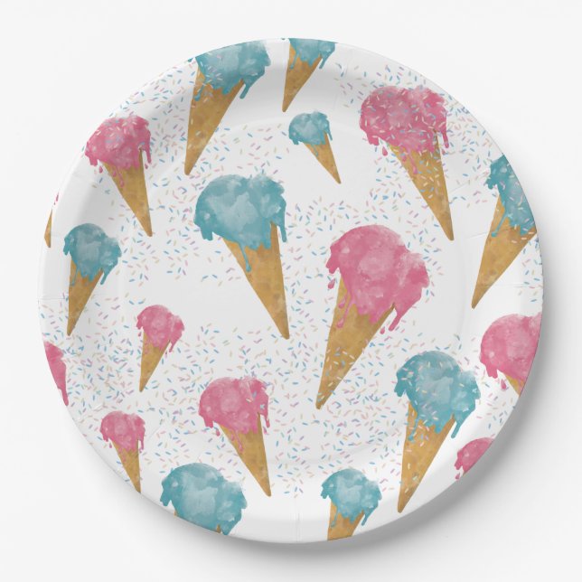 Pastel Retro Watercolor Ice Cream & Sprinkles  Paper Plate (Front)